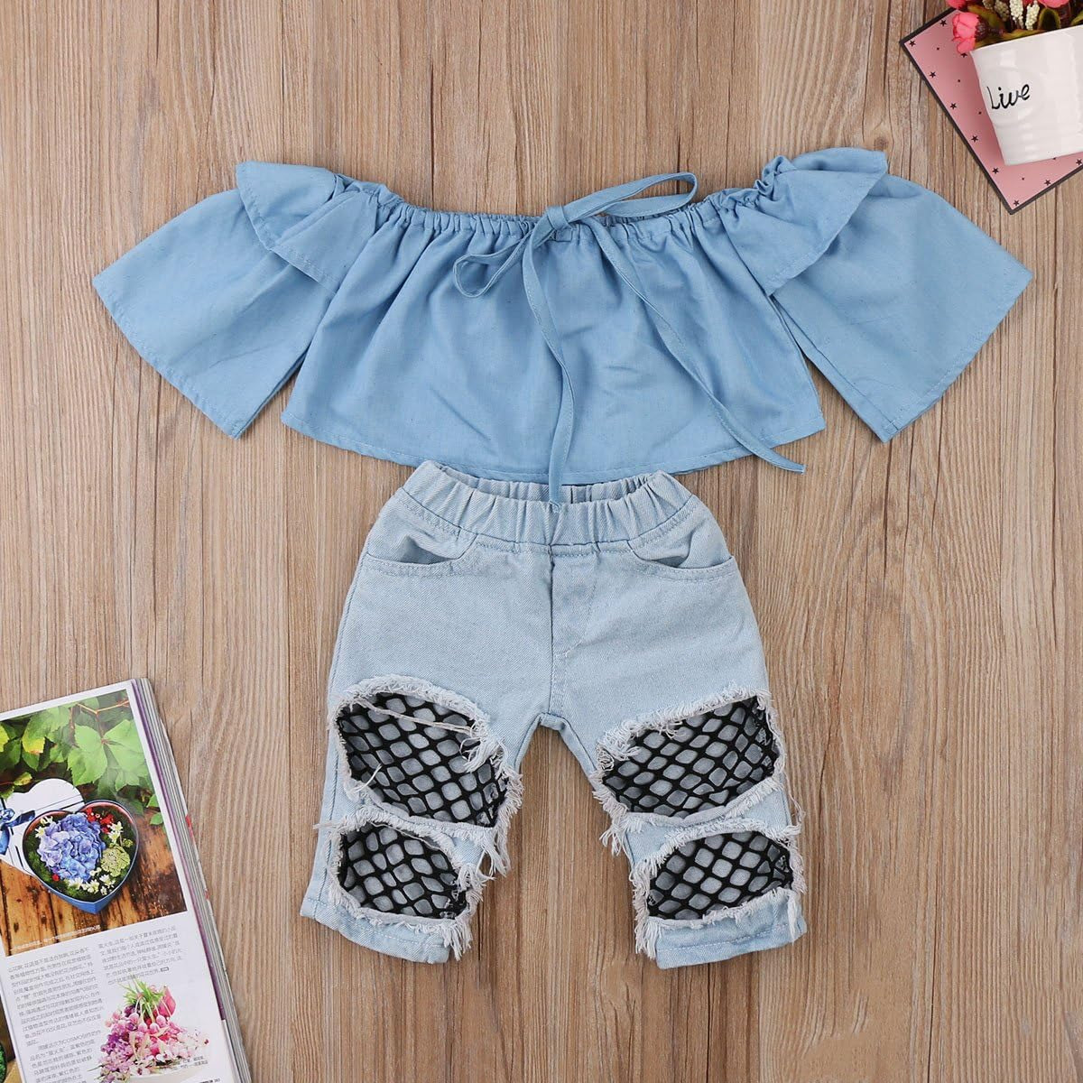 Newborn Kids Baby Girls off Shoulder Tops Denim Pants Hole Jeans Outfits Toddler Infant Clothes (Blue, 6-12Months)
