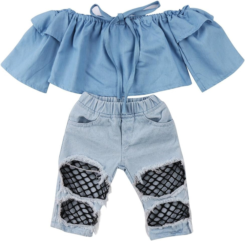Newborn Kids Baby Girls off Shoulder Tops Denim Pants Hole Jeans Outfits Toddler Infant Clothes (Blue, 6-12Months)
