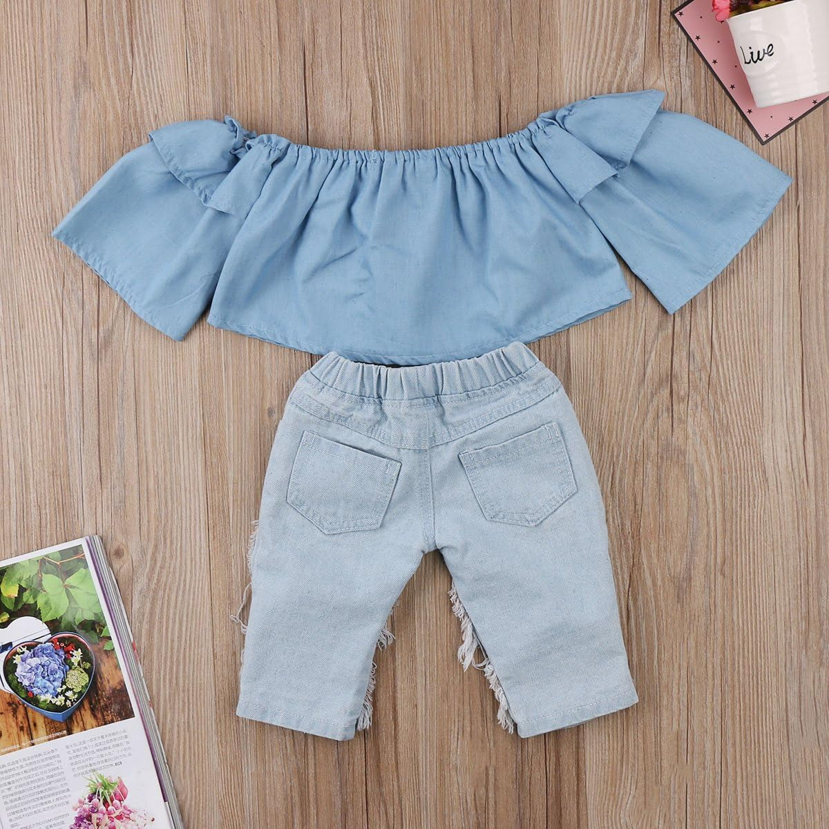 Newborn Kids Baby Girls off Shoulder Tops Denim Pants Hole Jeans Outfits Toddler Infant Clothes (Blue, 6-12Months)