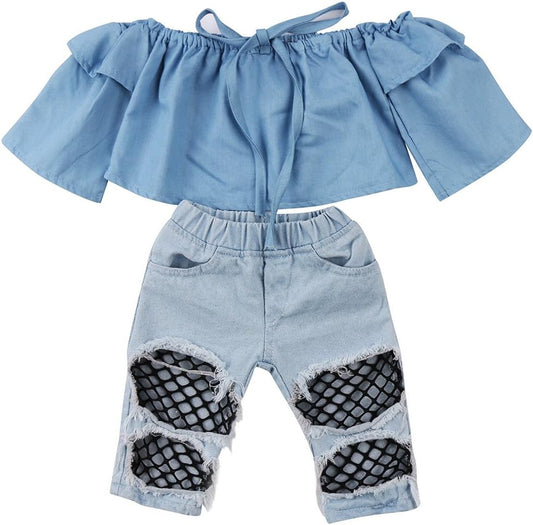 Newborn Kids Baby Girls off Shoulder Tops Denim Pants Hole Jeans Outfits Toddler Infant Clothes (Blue, 6-12Months)